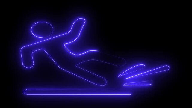 Racing people silhouette sign concept. Neon line a man run or racing icon animation Glowing neon marathon icon isolated on black background...