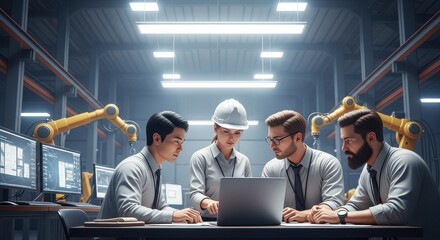 Diverse Engineering Team Collaborating on a Robotics Project in a Modern Factory