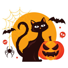 Black Cat, Jack-o'-lantern, and Bats Halloween Scene