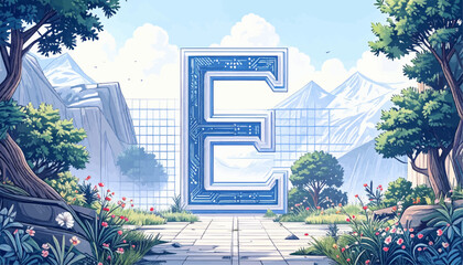 Logo of letter E, digital, white background