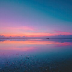 Fototapeta premium Serene sunrise reflection over calm ocean waters. Soft hues of pink, orange, and blue paint the sky and water, creating a peaceful ambiance. Horizon is calm and flat
