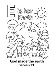 letter e with earth creation scene children animals trees sun and clouds bible verse genesis 1 1 concept of christian coloring page vector illustration educational alphabet design for kids