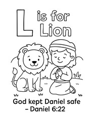 letter l with lion daniel praying god kept daniel safe daniel 6 22 concept of christian coloring page vector illustration bible alphabet sunday school activity for children faith scripture learning