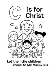 letter c with christ surrounded by children bible verse let the little children come to me concept of christian coloring page vector illustration educational alphabet design for kids