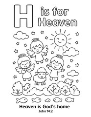 letter h with heaven angels clouds sheep fish john 14 2 heaven is god&rsquo;s home concept of christian coloring page vector illustration educational alphabet design for sunday school and bible learning