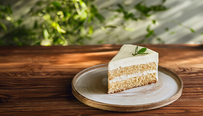 Creamy Vanilla Cake Slice on Wooden Table