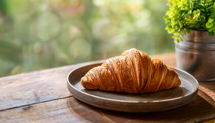 Freshly baked croissant on a rustic wooden table with blurred green background