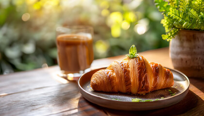 Golden croissant and coffee on a wooden table in a sunlit garden