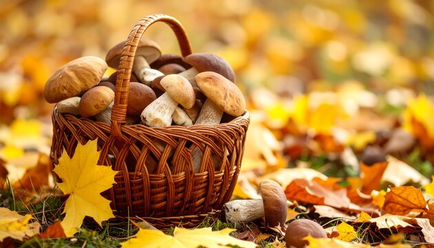 Cesta de mimbre con setas frescas sobre fondo de hojas oto&ntilde;ales