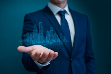 detailed man in suit holding a holographic city, cinematic lighting, dramatic, highly detailed, 8k, ultra realistic, volumetric lighting, photorealistic