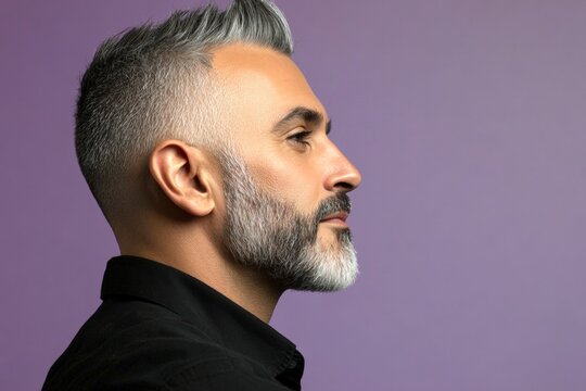 Purple solid background. A smiling man in a professional portrait session. Trendy men's punk haircut - midlife middle eastern man with short hair. Conceptual art of style for aging men. - Powered by Adobe
