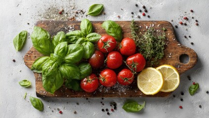 Fresh basil, cherry tomatoes, and lemon on a wooden cutting board. Sprinkled with seasonings