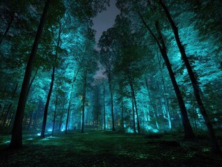 Fototapeta premium Glowing forest at dusk, blue/green light illuminates trees. Mystical, moody scene