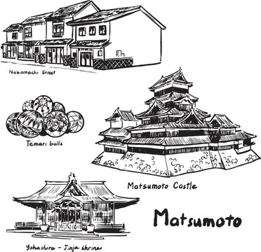 Hand drawn ink sketch of Matsumoto landmarks in Japan including Matsumoto Castle, Nakamachi Street, Yohashira Jinja Shrine, and Temari balls, traditional heritage art in black and white style.