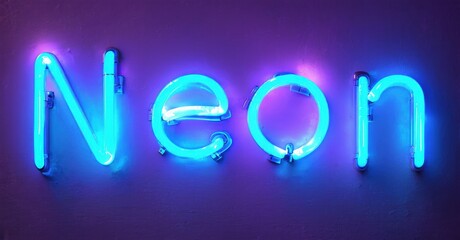 Bright neon sign spells Neon. Blue glow contrasts purple wall. Simple design, modern aesthetic, vibrant illumination.