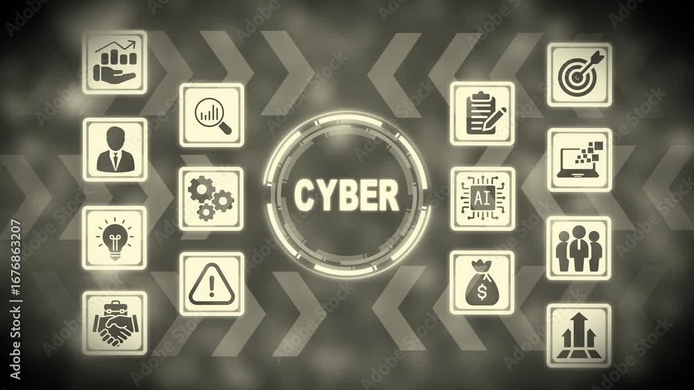 Poster cyber icons arranged around central text with sepia gradient background cybersecurity technology