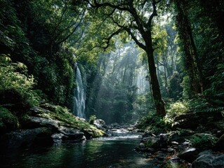 and keyword list based on the image

 Waterfall Flowing Down in Lush Green Forest, Beams of Light Through Canopy