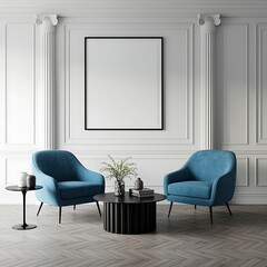 Elegant Living Room Interior Design with Blue Armchairs a Black Coffee Table and Blank Picture Frame against Classic White Wall Paneling