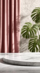 Minimalist marble round podium with monstera leaves and pink curtain background, elegant advertising scene with soft natural light and stylish textures
