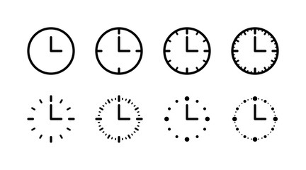 Simple and minimal clock sign symbol. Circle analog clock with clock hands icon. Wall clock.