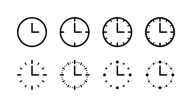 Simple and minimal clock sign symbol. Circle analog clock with clock hands icon. Wall clock.