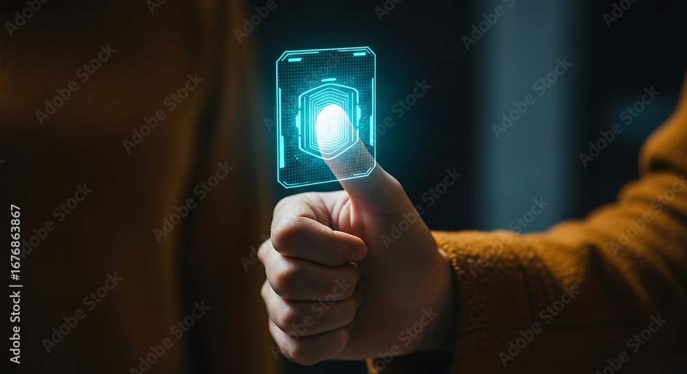 Aufkleber fingerprint scan on a digital interface with a person's finger for security access and identificatio