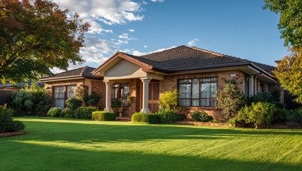 Obraz premium Suburban home with manicured lawn and gardens