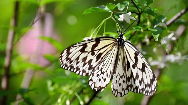 Rice Paper Butterfly is hanging on a small flower to suck nectar and finally flies away, slow motion