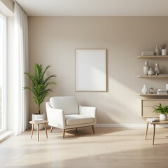 Minimalist Living Room Interior Design with Armchair Plant and Blank Frame for Mockup Presentation or Creative Display Ideas
