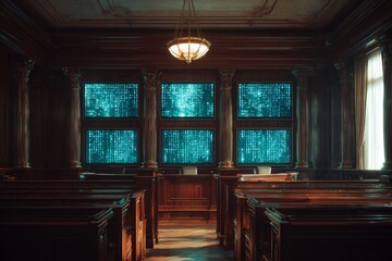 Courtroom of the future: encrypted data and legal tensions visualized. Privacy rule vacated. Texas ruling creates new barriers to reproductive privacy, concerns rise. Privacy concerns.