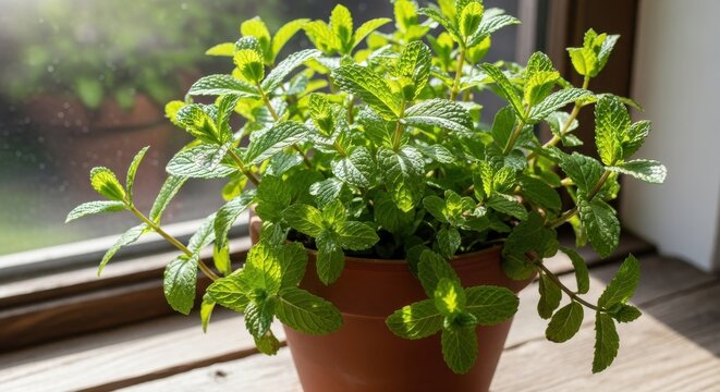 Fresh spearmint in a terracotta pot on a sunny windowsill at daytime
