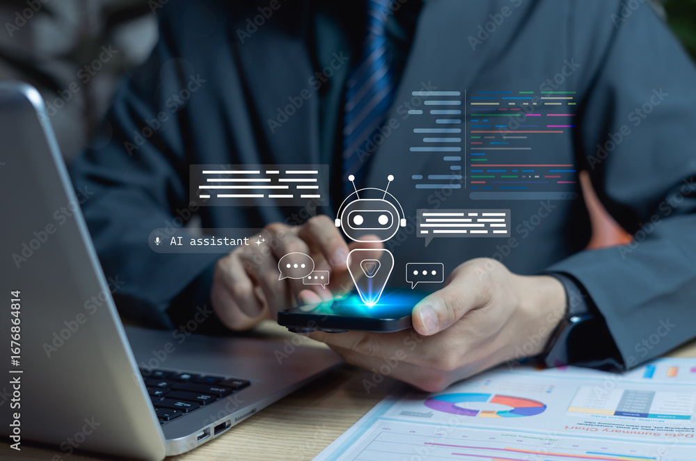 Fototapete ai chatbot virtual assistant concept. businessman using smartphone to chat with ai via dialogue bubb