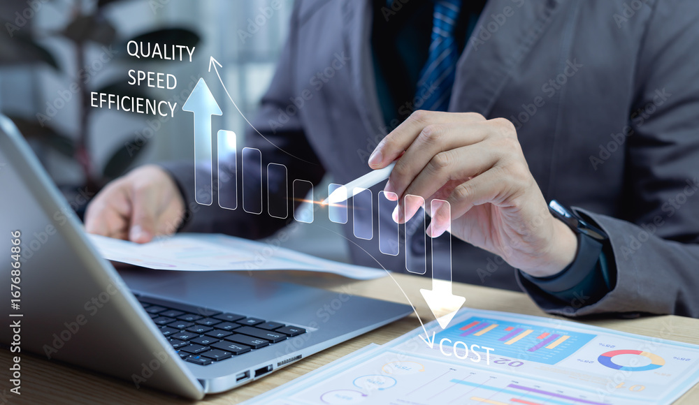 Poster business efficiency concept focusing on improving quality, speed, and productivity while reducing co