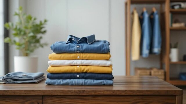 Folded shirt casual clothes denim cotton blue yellow wooden table modern wardrobe neatly arranged stylish home interior natural light fashion storage rack plants minimalist clean. 4k video