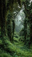 Fototapeta premium Dense green jungle path with vines and mist. Lush, untouched, mysterious nature scene