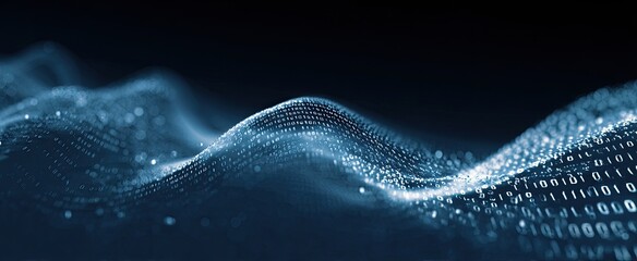 Abstract digital wave of light blue particles on dark background