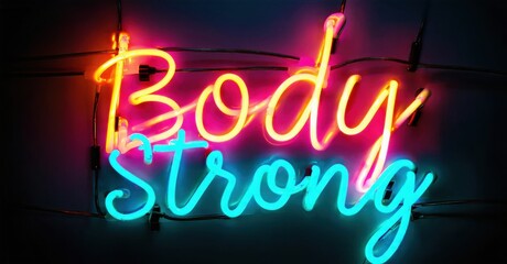 Bright neon sign displays words Body Strong. Vivid pink, blue hues illuminate dark background. Inspiring message, modern aesthetic.