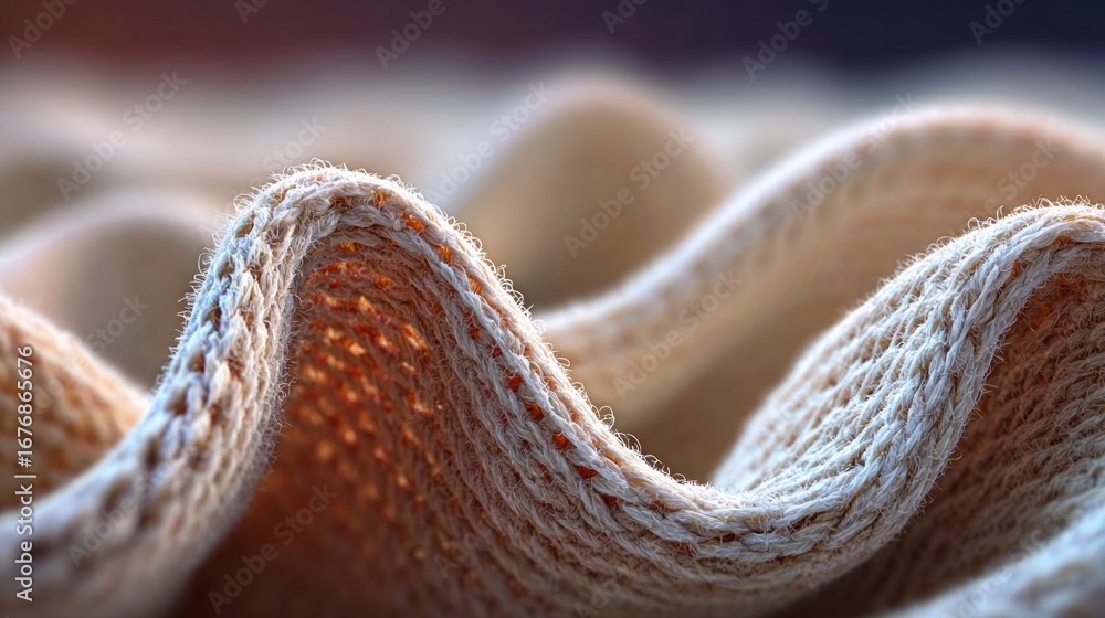 Poster textured fabric shows intricate weave with soft ripples under warm light in a cozy setting