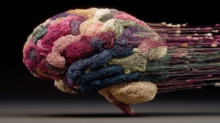 Abstract brain made of multicolored thread unraveling into cultural objects, mind diversity, plum, emerald, and clay tones 