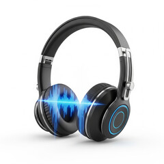 Modern Black Wireless Headphones with Blue Sound Equalizer Waves Isolated transparent background