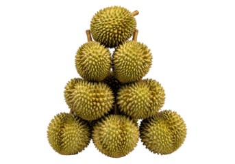 A stack of durian fruit arranged in a triangular formation against a stark black background.