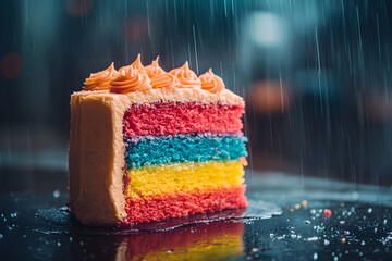 Colorful layered cake slice with rainbow interior and creamy frosting on dark background, vibrant dessert food photography concept, celebration party pastry design, creative bakery art background