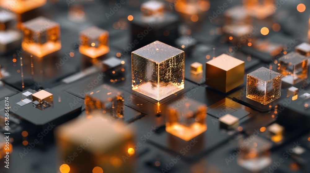 Poster a close-up view of illuminated cubes on a dark circuit board, creating a vibrant, technological aest