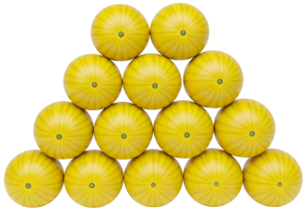 A symmetrical arrangement of numerous vibrant yellow melons forms a triangular pyramid against a black background.