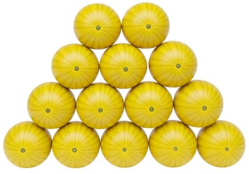 A symmetrical arrangement of numerous vibrant yellow melons forms a triangular pyramid against a black background.