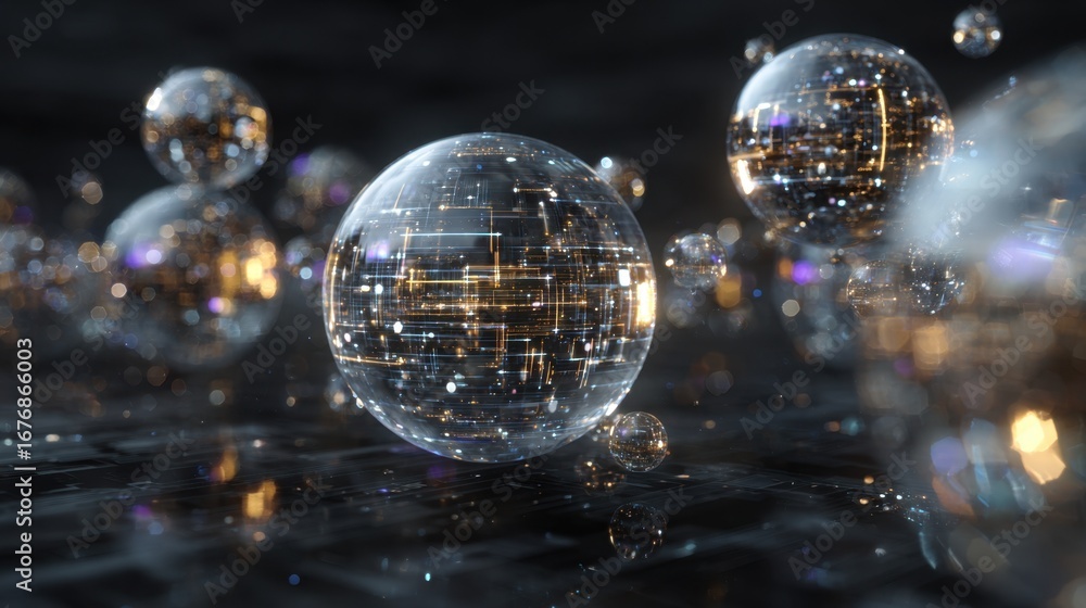 Poster a collection of transparent spheres reflecting lights and patterns, creating a futuristic, digital a