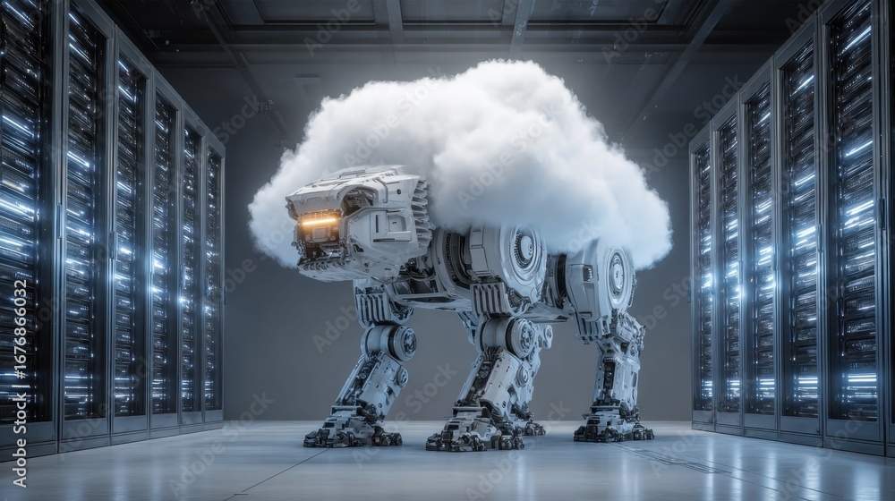Poster a robotic lion with a cloud-like mane stands in a futuristic server room, showcasing advanced techno