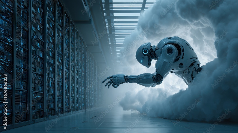 Poster a futuristic robot emerges from a cloud, surrounded by server racks, symbolizing the intersection of