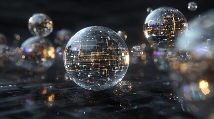 A collection of transparent spheres reflecting lights and patterns, creating a futuristic, digital atmosphere.