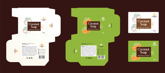 Soap box packaging design label design with editable vector print ready file and 3D mockup illustration. Pure and natural coconut soap carton dieline packaging design